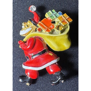 50's MODE ART Santa Claus Red Enamel Pin Brooch Gift Bag Vintage Christmas Pin